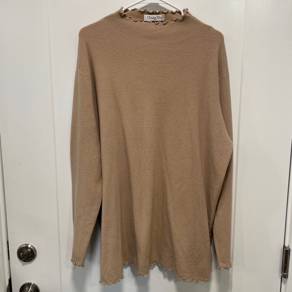 Christian Dior Paris Lettuce Trim Mock Neck Knit Sweater Tan Camel Long Sleeve